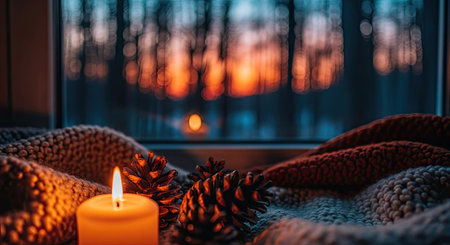 A close-up captures a lit candle beside a pine cone and a knitted blanket. Warm tones dominate the scene, with soft focus on the window offering a blurred view of trees and the sunset. This visual could be used for lifestyle content, promoting a sense of peace and relaxation or seasonal themes.の素材