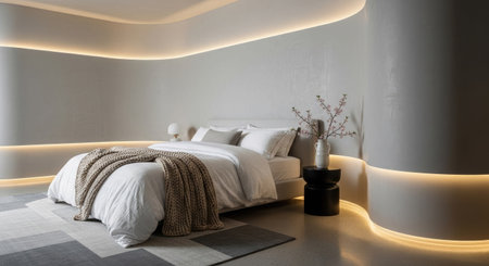 A contemporary bedroom showcases a bed with white linens and a brown blanket. The walls and ceiling feature soft, curved lines, enhanced by ambient lighting. The space employs a neutral color palette, creating a serene and inviting atmosphere, suitable for various design projects and editorial content.の素材