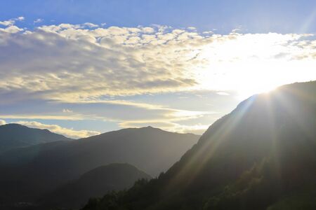Spectacular sunset above mountains and valleys in beautiful Hemsedal, Buskerud, Norway.の写真素材