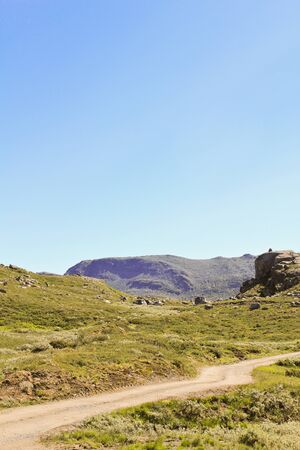 Road, parking and trails by the Vavatn lake in Hemsedal, Buskerud, Norway.の写真素材