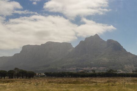 Table Mountain and blue sky in Cape Town, South Africa.の写真素材