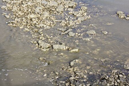 Water, stones, dike and rocks on the north German coast of Butjardingen in Lower Saxony, Germany.の写真素材
