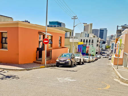 Many colorful houses in the Bo Kaap district in Cape Town, South Africa.