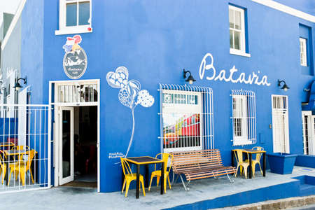 Blue Batavia CafÃ© building in Bo-Kaap Schotsche Kloof in Cape Town.のeditorial素材