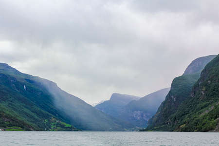 Norwegian beautiful mountain and fjord landscape in Aurlandsfjord Aurland Vestland Sognefjord in Norway.の写真素材