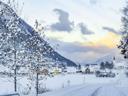 Beautiful idyllic path in village in Framfjorden, Vestland, Vik, Norway.の写真素材