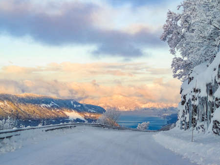 Winter landscape with beautiful sunrise in Vestland, Vik, Norway.