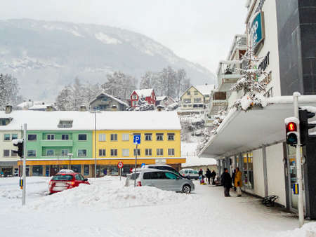 City life in winter in Norway. Vossevangen, Voss. City life in winter in Norway. Vossevangen, Voss. Shopping and lots of snowのeditorial素材