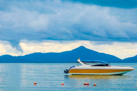 Bo Phut Beach with boats and jet ski on Koh Samui island with view on Koh Pha-ngan, in Thailand.の写真素材