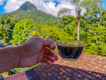 A glass of coffee in hand in the morning in tropical landscape, Ilha Grande, Brazil.の写真素材