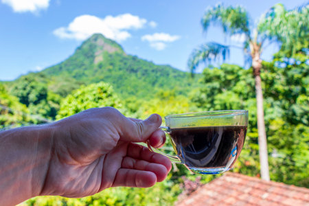 A glass of coffee in hand in the morning in tropical landscape, Ilha Grande, Brazil.の写真素材