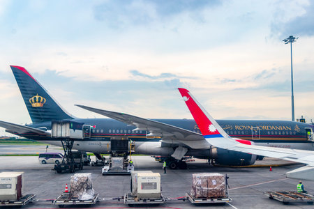 Nepal Airlines plane landing on Bangkok Suvarnabhumi Airport, Amphoe Bang Phli, Thailand.