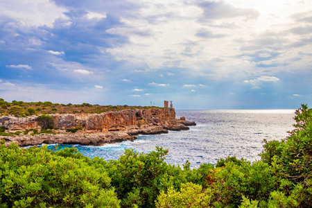Amazing view on bay and Torre d'en Beu in Cala Figuera SantanyÃ­ Mallorca Spain.の写真素材
