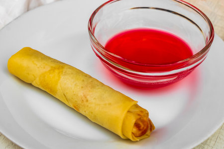 Food on Mallorca. Spring roll with pink red sauce Mallorca Spainの写真素材