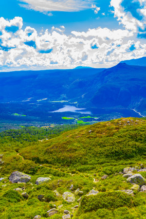 Mountain landscape panorama and lake VangsmjÃ¸se in Vang i Valdres, Norway.の写真素材