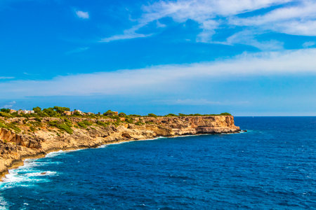 Cliffs and bay landscape panorama of Parc natural de MondragÃ³ in Mallorca Balearic Islands Spain.の写真素材