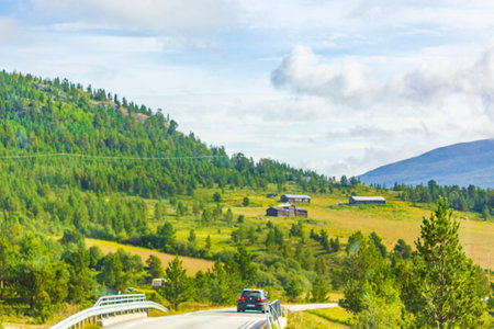 Driving through Norway in summer with a view of the mountains and forests.の写真素材