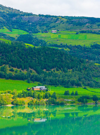 Turquoise green water flows in a fjord river through mountains and forests landscape of Norway.の写真素材