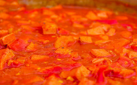 Sliced ââsausages cooked in tomato sauce for spaghetti Croatia.の写真素材