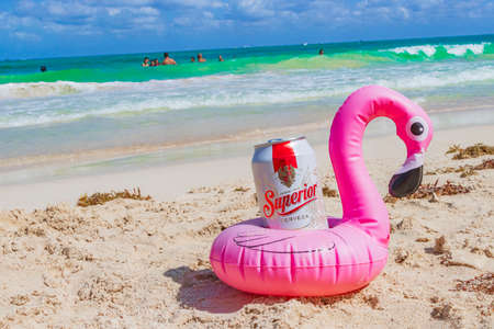 Pink flamingo beer holder with Superior beer on the caribbean beach Playa del Carmen Mexico.のeditorial素材