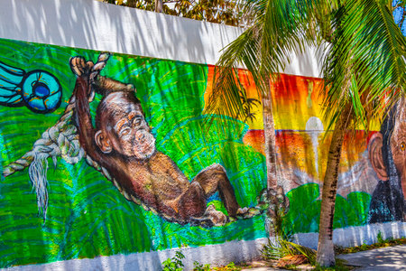 Artistic walls with colorful monkey and palm paintings and graffiti in Playa del Carmen Quintana Roo Mexico.のeditorial素材