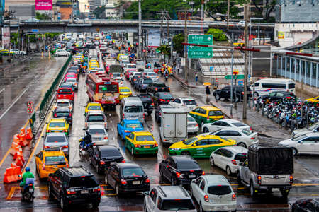 Bangkok Thailand May 22, 2018 Rush hour big heavy traffic jam on rainy day in busy Bangkok Thailand.のeditorial素材