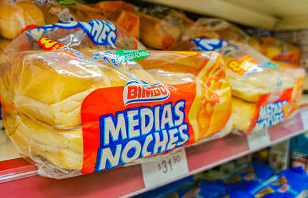 Playa del Carmen Mexico April 16, 2021 Bimbo Hot dog bread Medias Noches packaging in the...