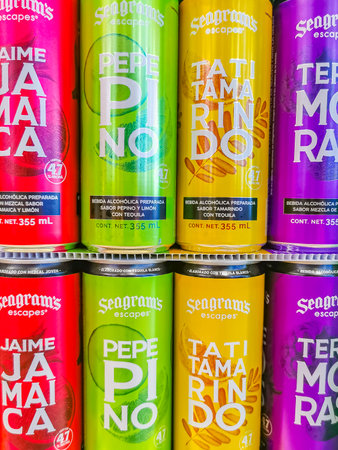 Playa del Carmen Mexico April 23, 2021 Colorful alcoholic drinks Seagrams Escape cans in supermarket...
