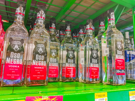 Playa del Carmen Mexico April 23, 2021 Buy Oso Negro Premium Vodka on the supermarket shelf in Playa del Carmen Mexico.のeditorial素材
