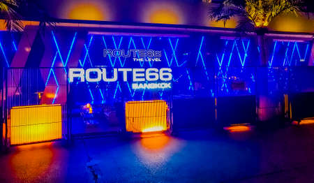 Nightlife and colorful lights at Route 66 Bar in Bangkok Thailand.のeditorial素材