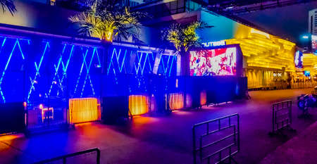 Nightlife and colorful lights at Route 66 Bar in Bangkok Thailand.のeditorial素材