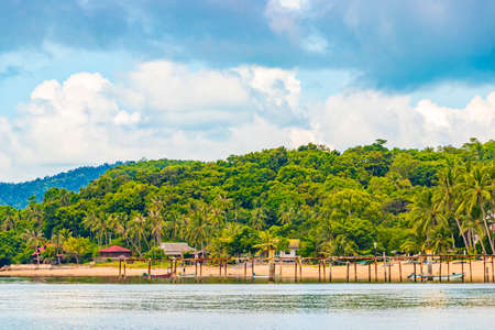 Bo Phut Beach panorama with boats on Koh Samui island with view on Koh Pha-ngan in Thailand.の写真素材