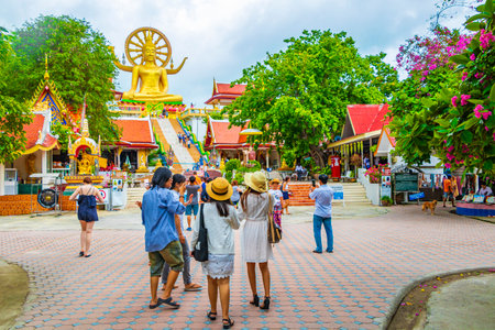 Surat Thani Thailand May 26th 2018 Giant golden Big Buddha statue in Wat Phra Yai temple on Koh Samui island Surat Thani Thailand.のeditorial素材