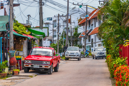 Surat Thani Thailand May 25th 2018 Red vintage car at restaurant Fishermans Village Bo Phut on Koh Samui island in Surat Thani Thailand.のeditorial素材