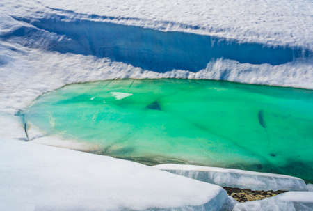 Frozen turquoise lake Vavatn panorama in summer landscape and mountains with snow in Hemsedal...
