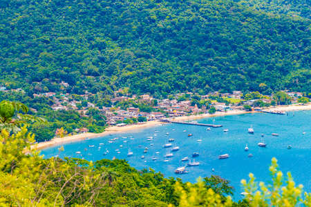 The big tropical island Ilha Grande Abraao beach panorama drone from above Angra dos Reis Rio de...