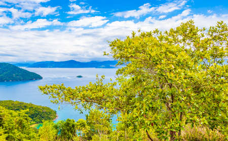 The big tropical island Ilha Grande Abraao beach panorama drone from above Angra dos Reis Rio de...