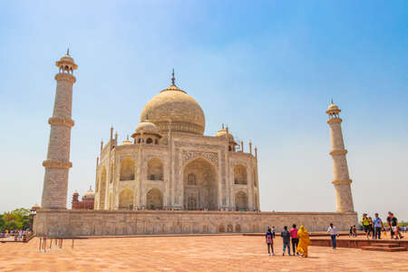Uttar Pradesh India May 10, 2018 Taj Mahal in Agra India Mogul marble mausoleum and panorama of the famous 17th century symmetrical gardens.のeditorial素材