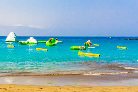 Tenerife Spain July 12, 2014 Landscape and beach promenade panorama of Playa de Las Vistas of Canary Spanish island Tenerife in Africa.のeditorial素材