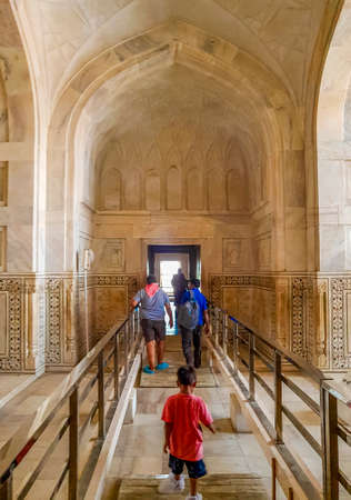 Uttar Pradesh India May 10, 2018 Taj Mahal in Agra India inside of the Mogul marble mausoleum amazing architecture and details.のeditorial素材