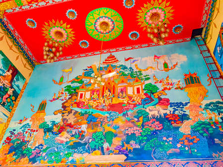 Colorful buddhist paintings galleries and art inside the Wat Plai Laem temple on Koh Samui island Thailandのeditorial素材