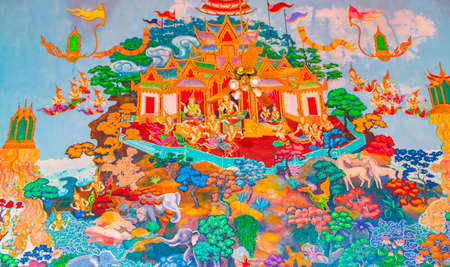 Colorful buddhist paintings galleries and art inside the Wat Plai Laem temple on Koh Samui island Thailandのeditorial素材