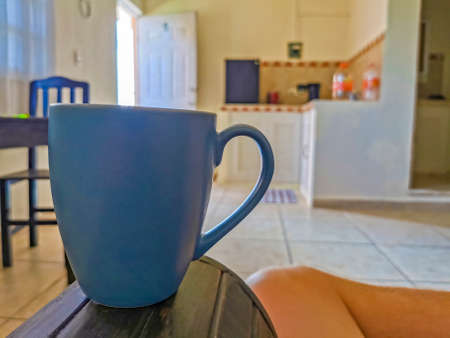 Blue coffee cup in a Mexican apartment in Playa del Carmen.の写真素材
