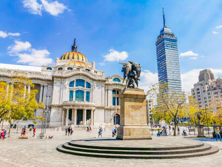 Mexico City Mexico February 09, 2021 The palace of fine arts and the Torre Latinoamericana skyscraper in the Alameda Central park Mexico City in Mexico.のeditorial素材