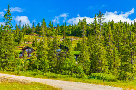 Beautiful landscape panorama of Norway FÃ¥vang Kvitfjell Ski area with Mountains cottages cabins...