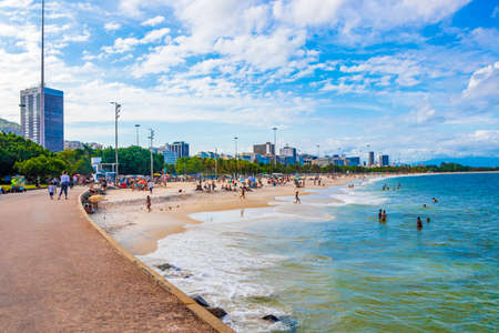 Rio de Janeiro Brazil 18. October 2020 People and tourist have fun on Flamengo Beach panorama view and cityscape at Guanabara Bay Flamengo Rio de Janeiro Brazil.のeditorial素材