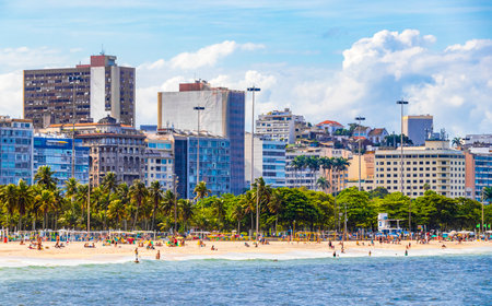 Rio de Janeiro Brazil 18. October 2020 People and tourist have fun on Flamengo Beach panorama view and cityscape at Guanabara Bay Flamengo Rio de Janeiro Brazil.のeditorial素材