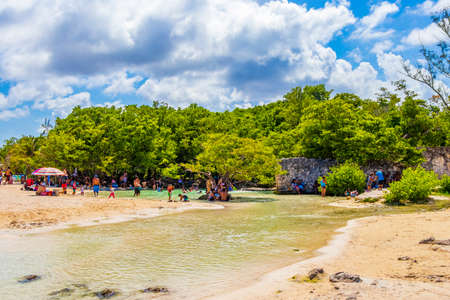 Playa del Carmen May 28, 2021 Tropical mexican beach and cenote panorama view from Punta Esmeralda in Playa del Carmen Mexico.のeditorial素材
