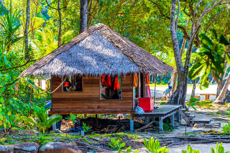 Khao Lak Thailand February 09, 2020 Small beach hut at the beautiful little small sandy beach landscape panorama view of Lam ru Lamru National Park in Khao Lak Khuekkhak Takua Pa Phang-nga Thailand.のeditorial素材