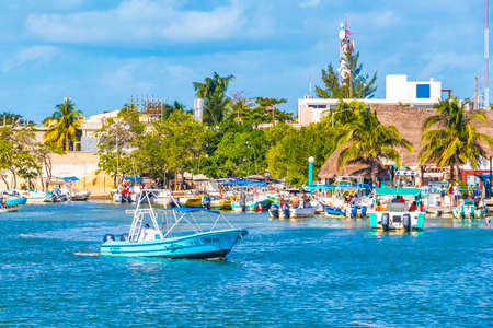 Holbox Mexico December 21, 2021 Panorama landscape view on beautiful Holbox island with boats Holbox Express ferry village port harbor Muelle de Holbox and turquoise water in Quintana Roo Mexico.のeditorial素材